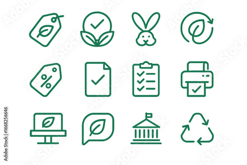 Sustainable Label Icons. Outline icon set of green product labeling programs: eco-label tag, certified organic