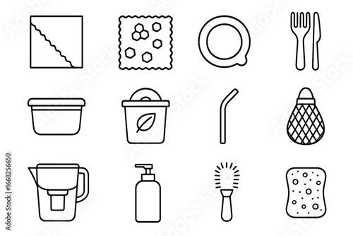 Sustainable Kitchen Icons. Outline icon set of sustainable kitchen tools: reusable wrap, beeswax cloth,