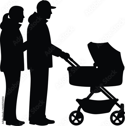 black silhouette couple with baby stroller, parenting concept, family walking together, childcare vector illustration, outdoor activity, parental care, flat design graphic