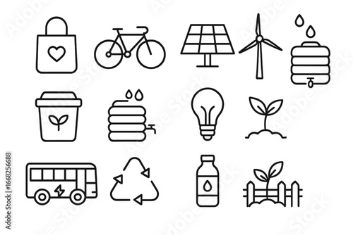 Sustainable Living Icons. Outline icon set of sustainable living: reusable bag, bicycle icon, solar panel,