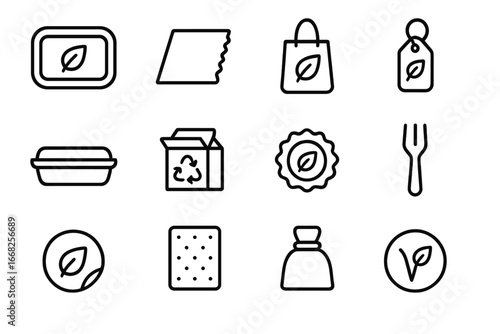 Sustainable Packaging Icons. Outline icon set of sustainable food packaging: compostable tray, paper wrap,