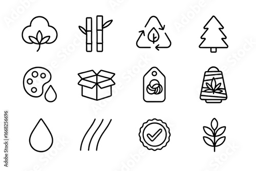 Sustainable Materials Icons. Outline icon set of sustainable raw materials: cotton plant, bamboo stalk, bio