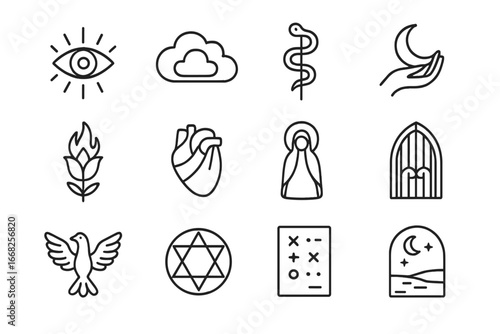 Symbolism Icon Set. Outline icon set of Symbolism in art: mystical eye, dream cloud, serpent staff, moon hand,