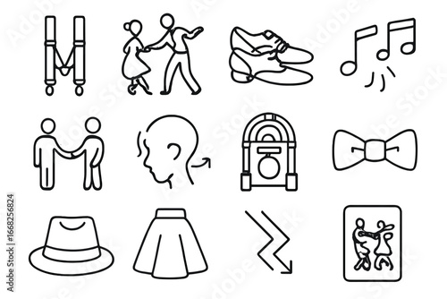 Swing Dance Icons. Outline icon set of swing dance symbols: suspenders, swing pose, vintage shoes, upbeat