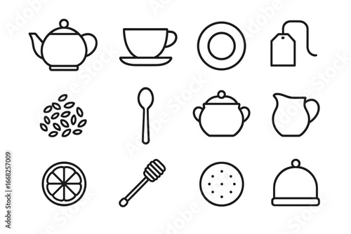 Tea Time Icons. Outline icon set of tea time: teapot, teacup, saucer, tea bag, loose leaf tea, teaspoon, sugar