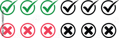 Check mark icons, cross symbols, correct and wrong signs, approval graphics, validation elements, decision indicators