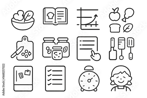 Teaching Meal Prep Basics. Outline icon set of teaching meal prep basics: ingredient bowl, recipe icon,