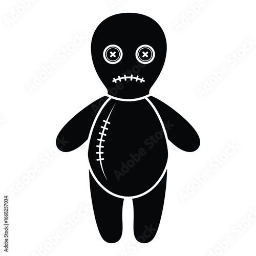 Black voodoo doll with button eyes and stitched mouth white