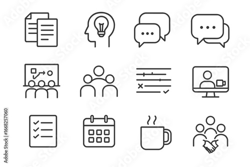 Team Collaboration Icons. Outline icon set of team collaboration: shared documents, brainstorming, chat