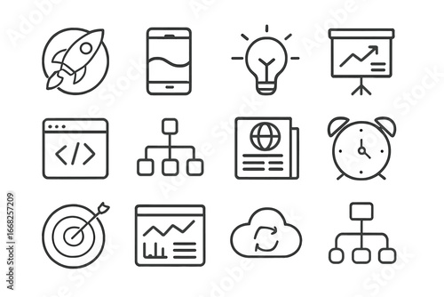 Tech Startup Icons. Outline icon set of tech startup home office: startup logo, app screen, idea lamp, pitch