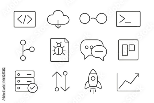Tech Startup Workflow Icons. Outline icon set of tech startup workflow: code editor, cloud storage, CI/CD pipe
