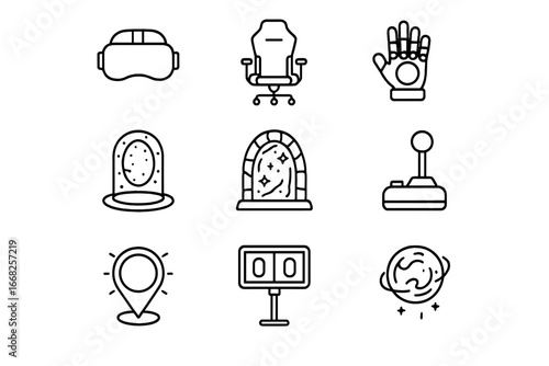 Teleportation Gaming Icons. Outline icon set of virtual teleportation in gaming: VR headset, gaming chair,
