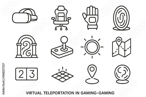 Teleportation Gaming Icons. Outline icon set of virtual teleportation in gaming: VR headset, gaming chair,