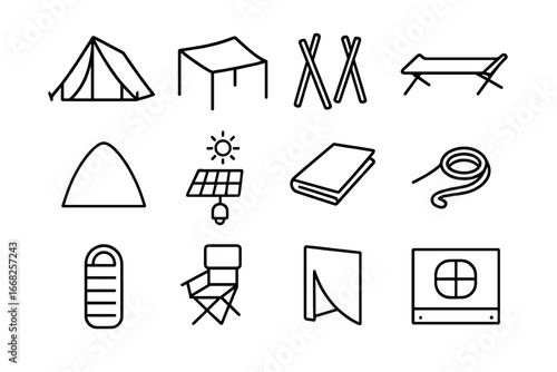 Temporary Shelter Icons. Outline icon set of temporary shelters: canvas tent, tarp roof, wooden poles, folding