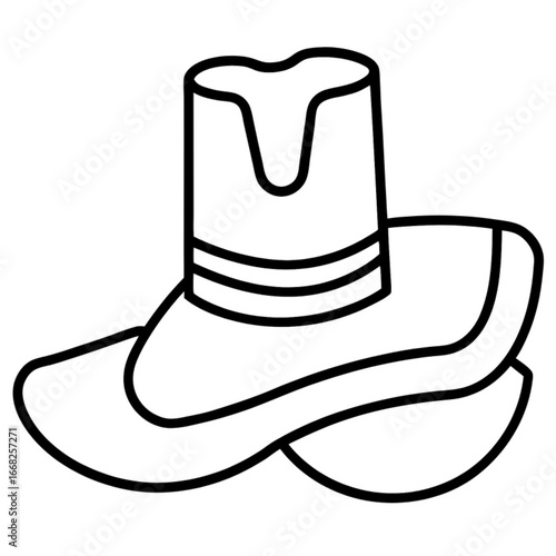 Minimilist illustration of a white outlined cowboy hat with a cylindrical crown and wide brim design style vector