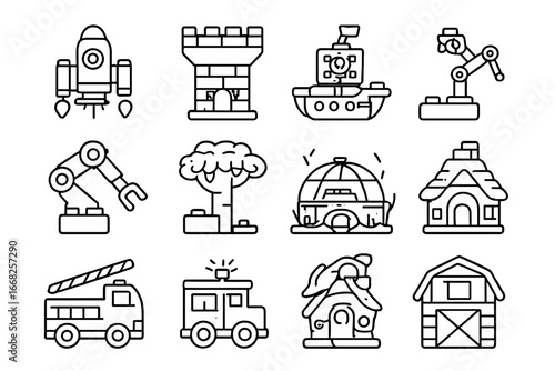 Themed Block Icon Grid. Outline icon set of themed block kits: space rocket, castle wall, pirate ship, robot