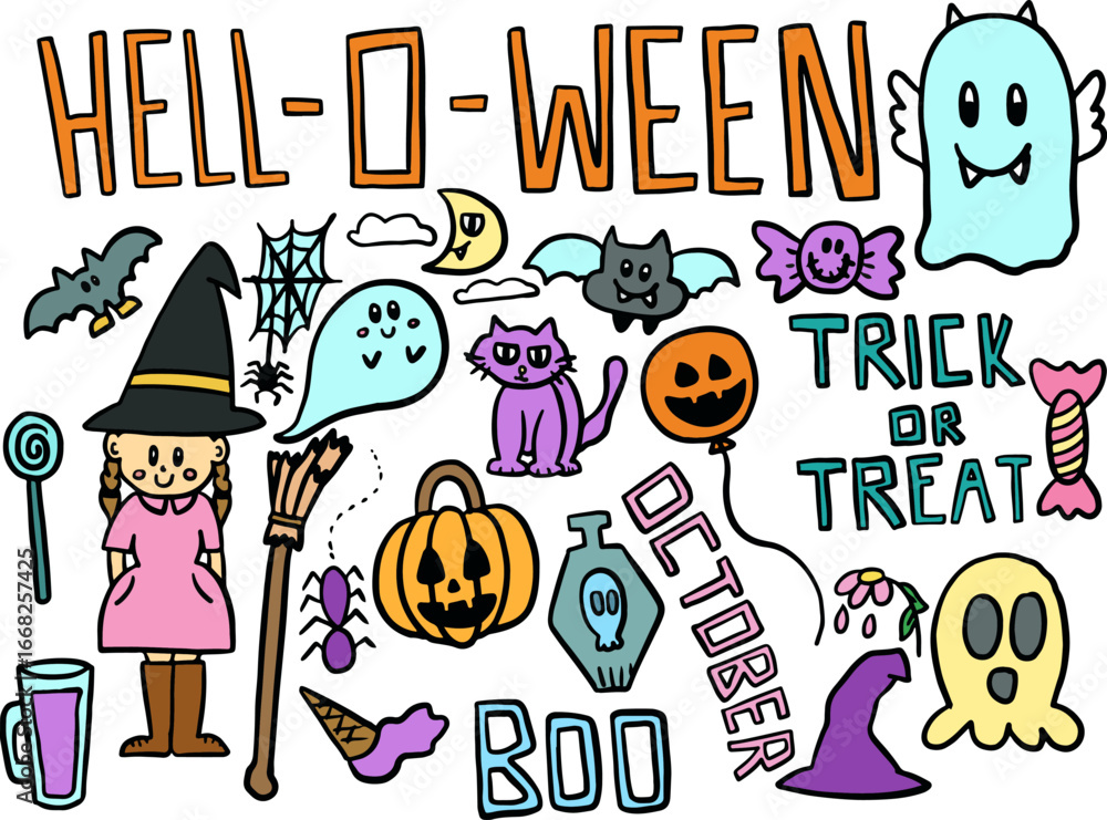 Obraz premium Hand drawn Halloween vector illustrations of a girl wearing witch hat, witch broom, bat, spider, pumpkin, TRICK or TREAT letters, ghost, head skull, poisonous drink, candy, pumpkin balloon, tombstone