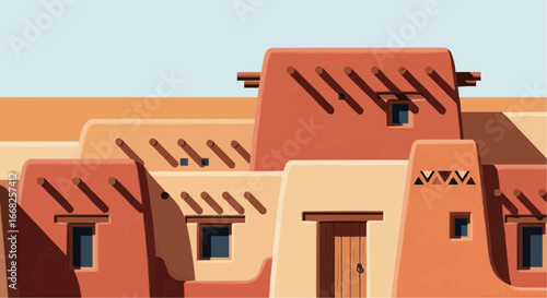 A stylized illustration of adobe buildings with geometric patterns and vigas casting shadows under a clear sky.