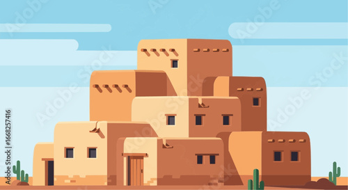 A flat design illustration of a traditional adobe pueblo village nestled in a desert landscape with cacti under a blue sky.