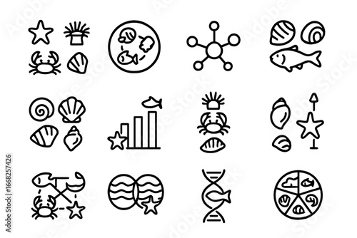Tidepool Icon Variety. Outline icon set of biodiversity in tidepools: variety icon, life web, ecosystem node,