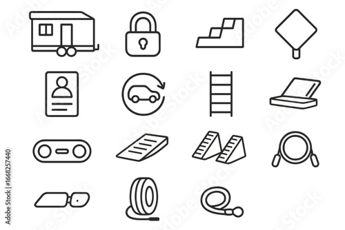 Tiny Home Icon Set. Outline icon set of tiny home mobility: tiny house trailer, hitch lock, leveling block,