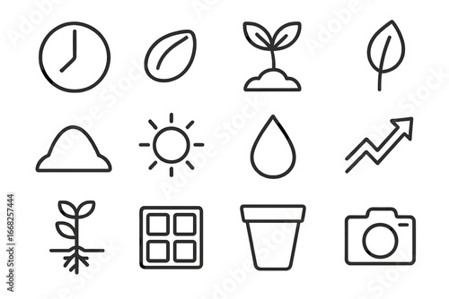 Time-Lapse Icon Set. Outline icon set of time-lapse sprouting: clock, seed, sprout, leaf, soil mound, sunlight