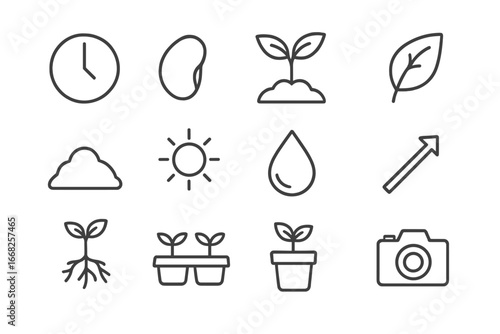Time-Lapse Icon Set. Outline icon set of time-lapse sprouting: clock, seed, sprout, leaf, soil mound, sunlight