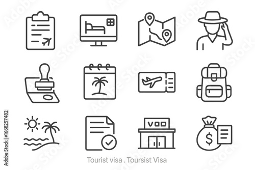 Tourist Visa Icon Set. Outline icon set of tourist visa: travel itinerary, hotel booking, sightseeing map,