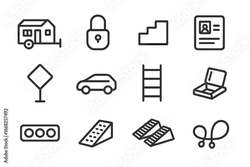 Tiny Home Icon Set. Outline icon set of tiny home mobility: tiny house trailer, hitch lock, leveling block,