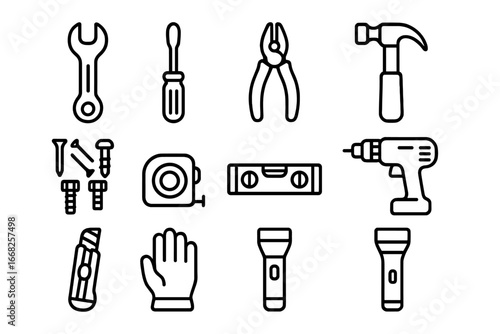 Tool Storage Icons. Outline icon set of tool storage in closet: wrench, screwdriver, pliers, hammer, nails,