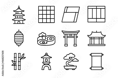 Traditional Asian Icons. Outline icon set of traditional Asian architecture: pagoda, shoji screen, tatami mat,