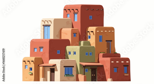 Illustration of a cluster of traditional adobe-style buildings with colorful facades and small windows, resembling a Southwestern pueblo village.