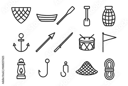 Traditional Fishing Icons. Outline icon set of traditional fishing festival: fishing net, wooden boat, paddle,