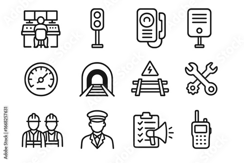 Train Control Icons. Outline icon set of train control and operations: control room, signal light, intercom