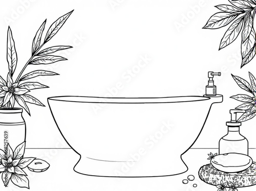 Minimilist illustration of a bathtub with plants soap and a candle in a spa like setting for relaxation theme vector