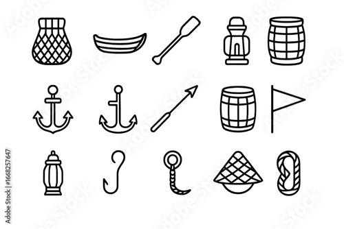 Traditional Fishing Icons. Outline icon set of traditional fishing festival: fishing net, wooden boat, paddle,