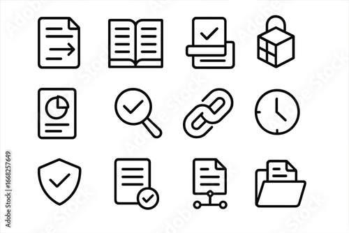 Transparency Audit Icons. Outline icon set of transparency and auditability: audit trail, log ledger,