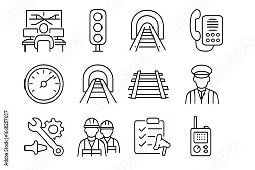 Train Control Icons. Outline icon set of train control and operations: control room, signal light, intercom