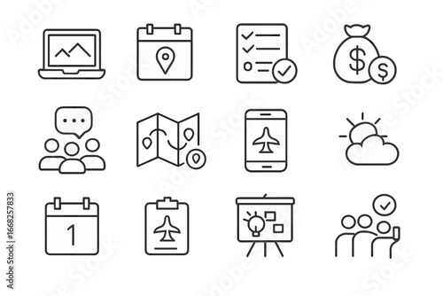 Travel Planning Icons. Outline vector icons of travel planning together: laptop, calendar, checklist, budget