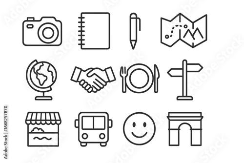 Travel Icon Set. Outline icon set of documentary travel storytelling: camera, notebook, pen, map, globe,