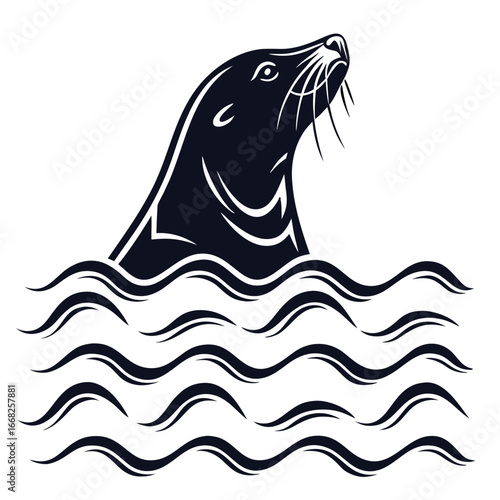 Seal peeking from ocean waves silhouette