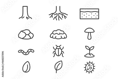 Tree Stability Icon Set. Outline icon set of tree stability systems: trunk, root spread, soil cross-section,