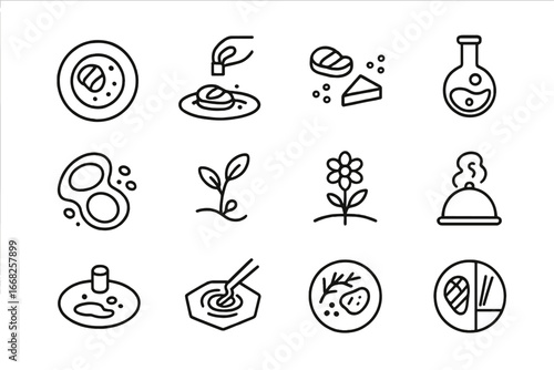 Trendy Food Icons. Outline icon set of trendy food presentation: food plating, edible gold, deconstructed