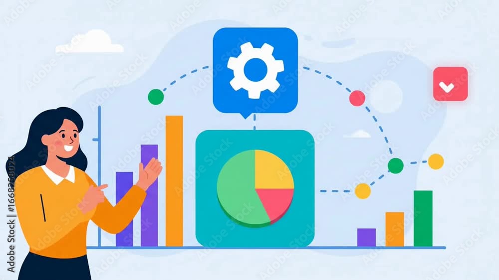 Businesswoman character analyzing data charts and a workflow process infographic for marketing. Businesswoman character analyzing data charts and a workflow process infographic for marketing.