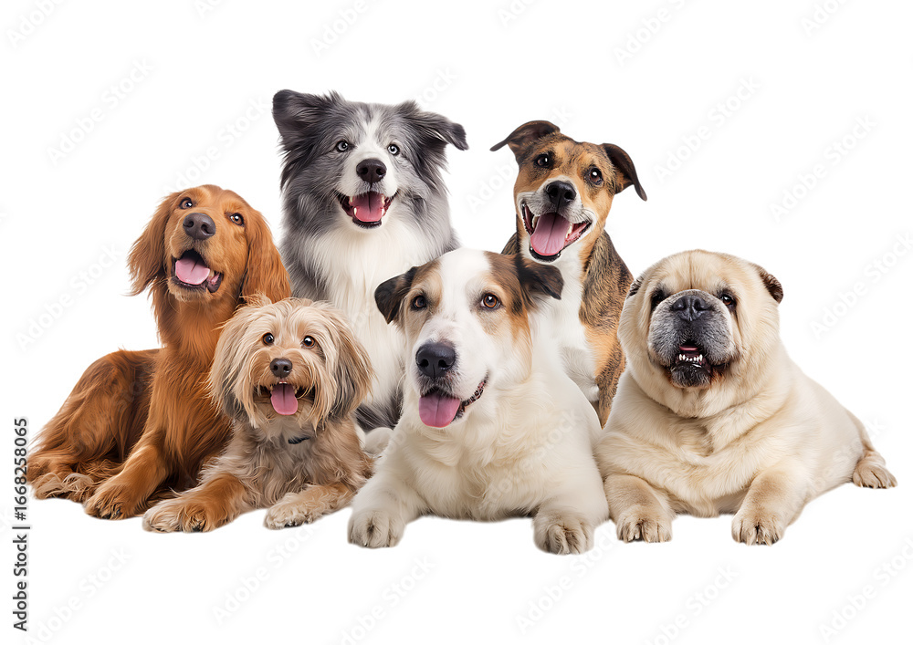 Obraz premium Six Joyful Dogs of Diverse Breeds Posing Together isolated on a transparent background