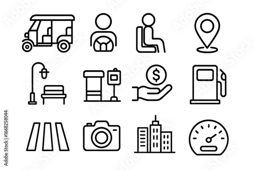 Tuk-Tuk Icon Set. Outline icon set of tuk-tuk city rides: tuk-tuk, driver seat, tourist passenger, map pin,