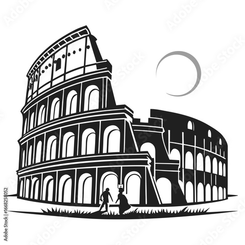 Ancient amphitheater in moonlight silhouette