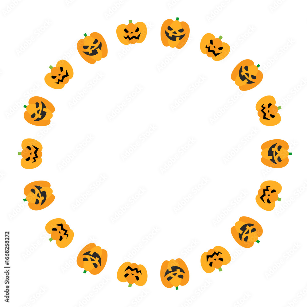Fototapeta premium Happy Halloween round frame with pumpkins. Halloween border or border collection illustration. Design element for card, poster, text decoration.