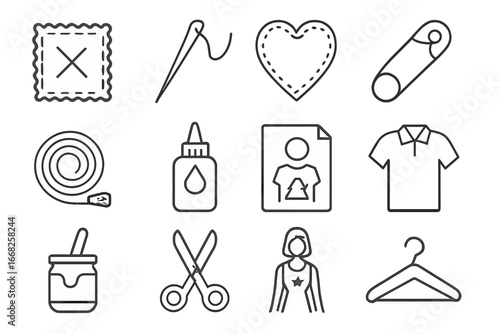 Upcycled Clothing Icons. Outline vector icons of upcycled clothing crafts: denim patch, sewing needle, iron-on