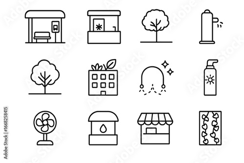 Urban Heatwave Solutions. Outline icon set of heatwave adaptation in cities: shaded bus stops, cooling